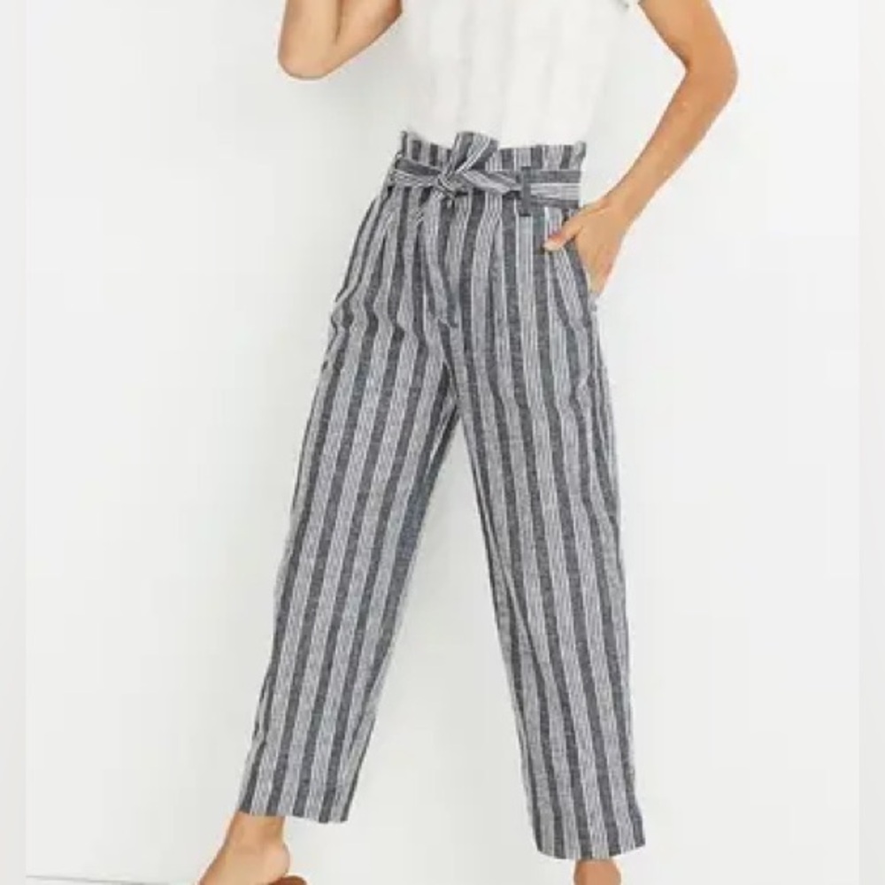Madewell Paperbag Deep Indigo Striped Belted Linen Pants - Picture 2 of 8